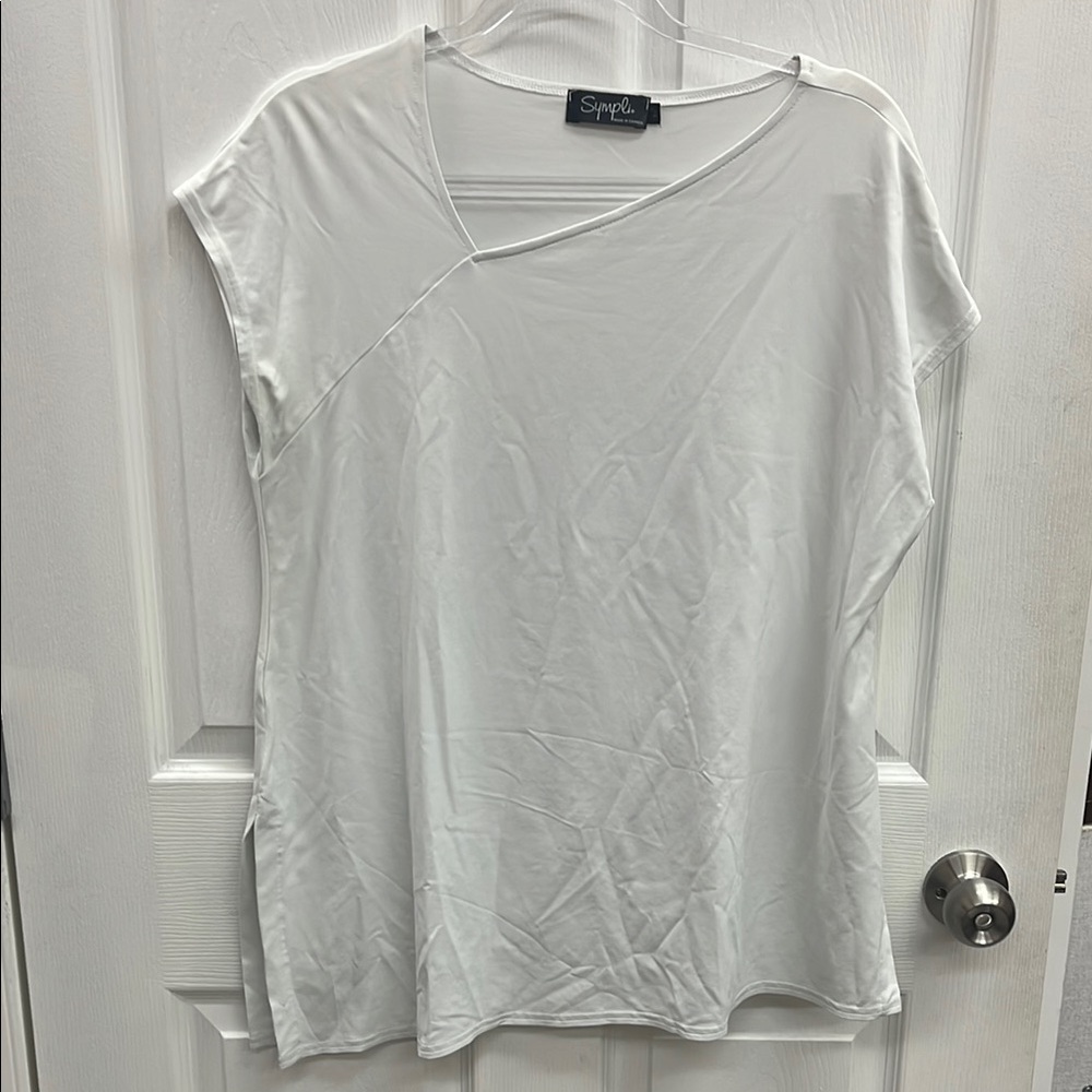 Sympli Cream Asymmetrical Cap Sleeve Tee